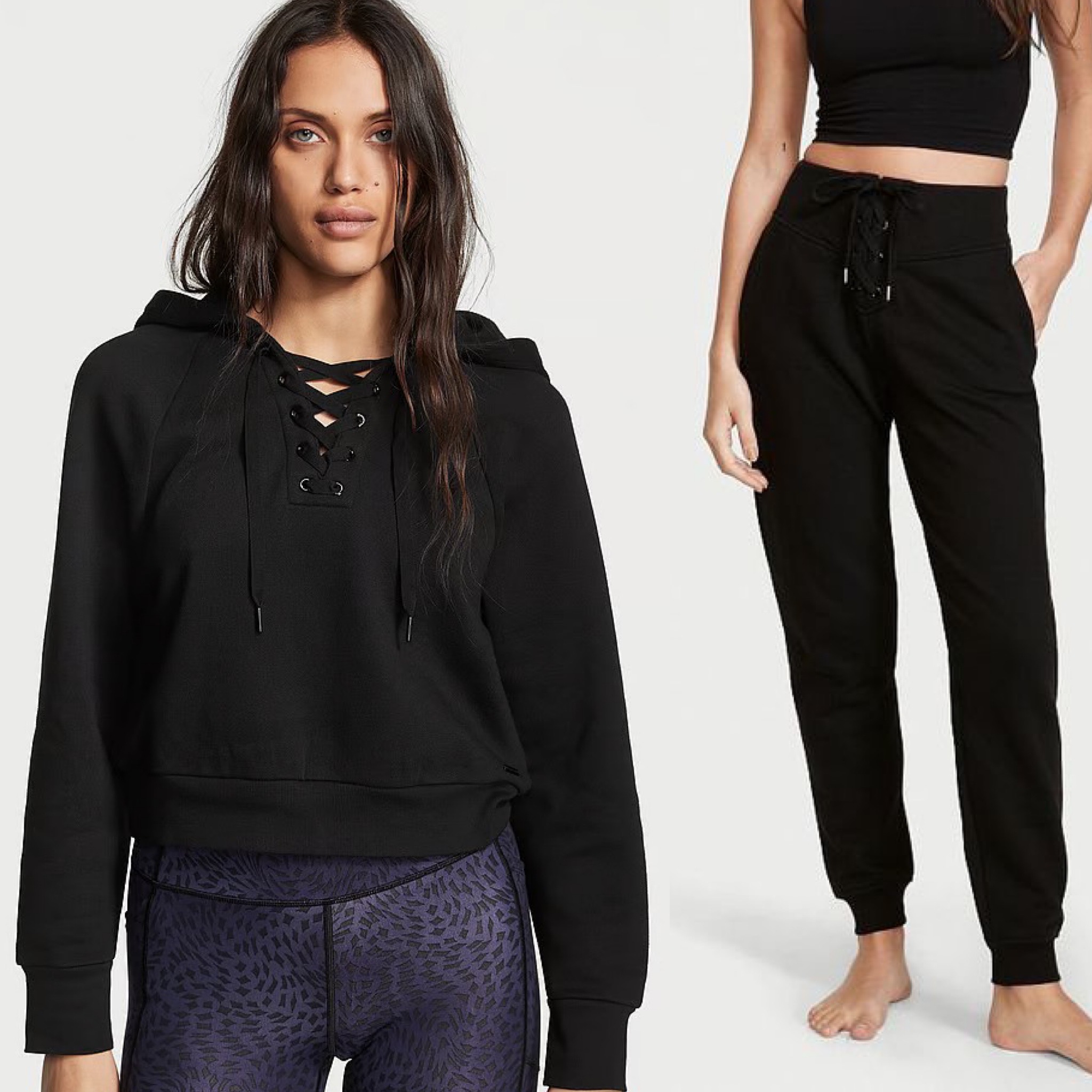 Cotton Fleece Lace-Up Hoodie & Cotton High-Rise Fleece Lace-Up Jogger Pants