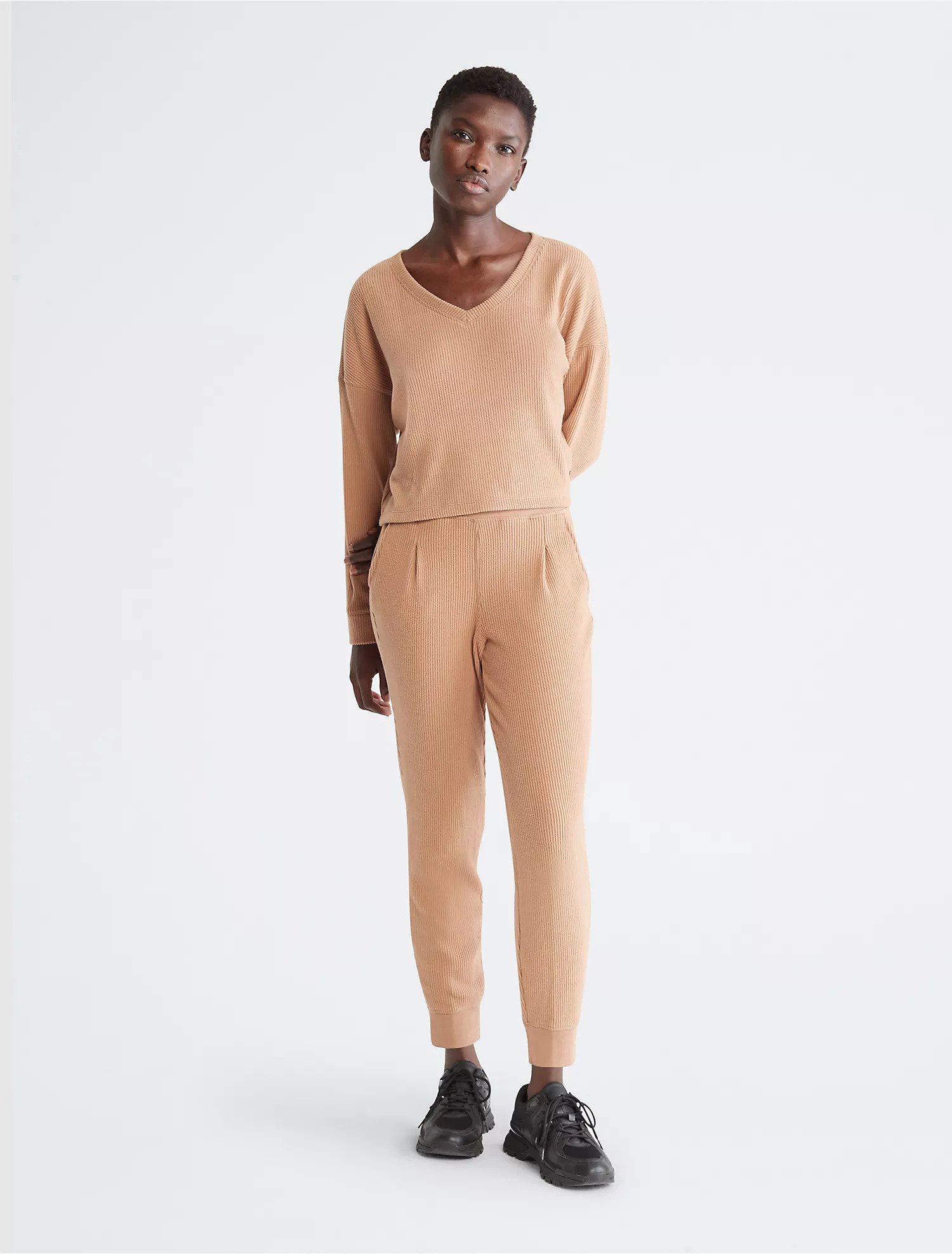 Performance Ribbed Open V-Neck Pullover Sweater & Performance Ribbed High Waist Pleated Joggers