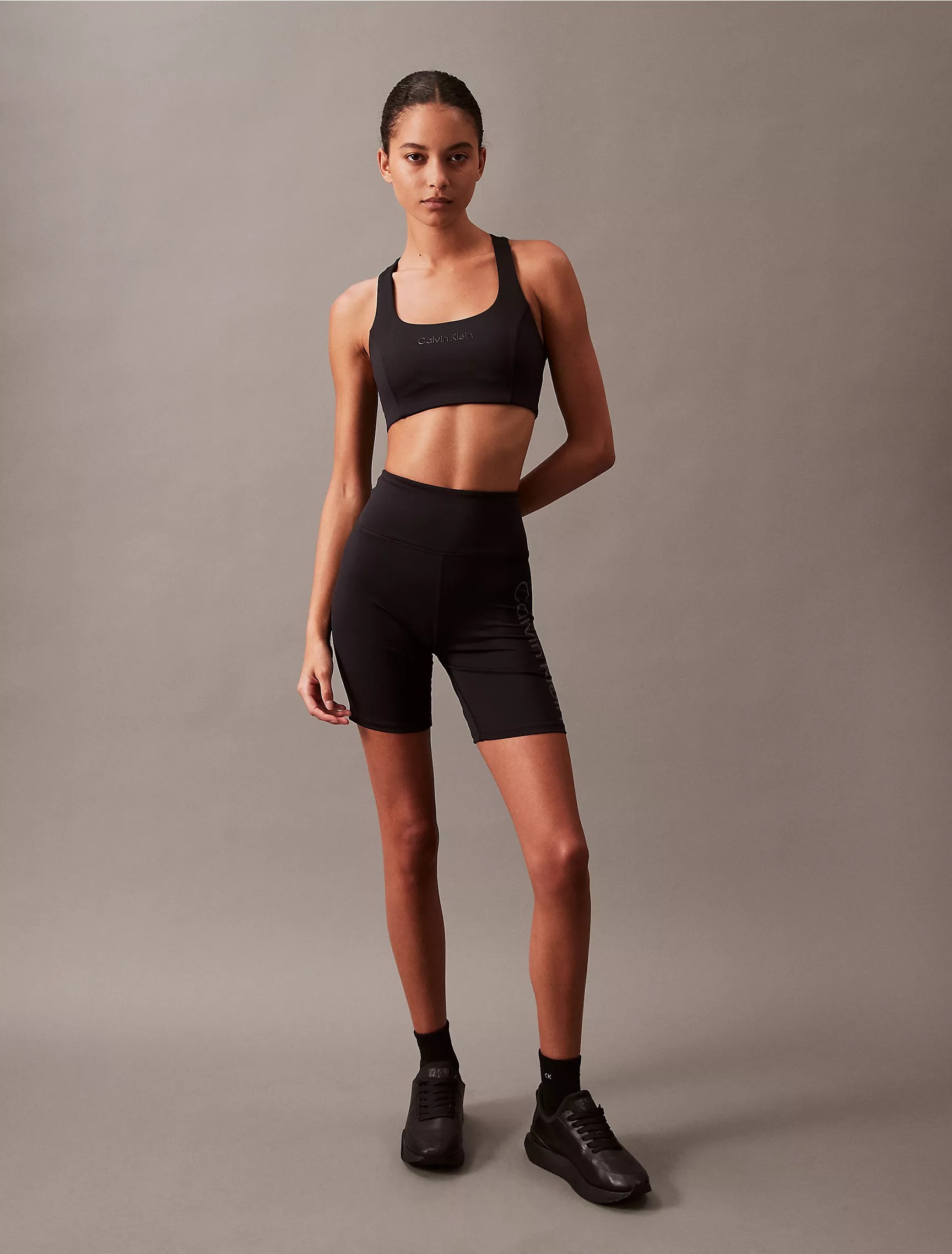 Modern Sport Solid Racerback Medium Impact Sports Bra & Modern Sport High Waist Tonal Bike Shorts