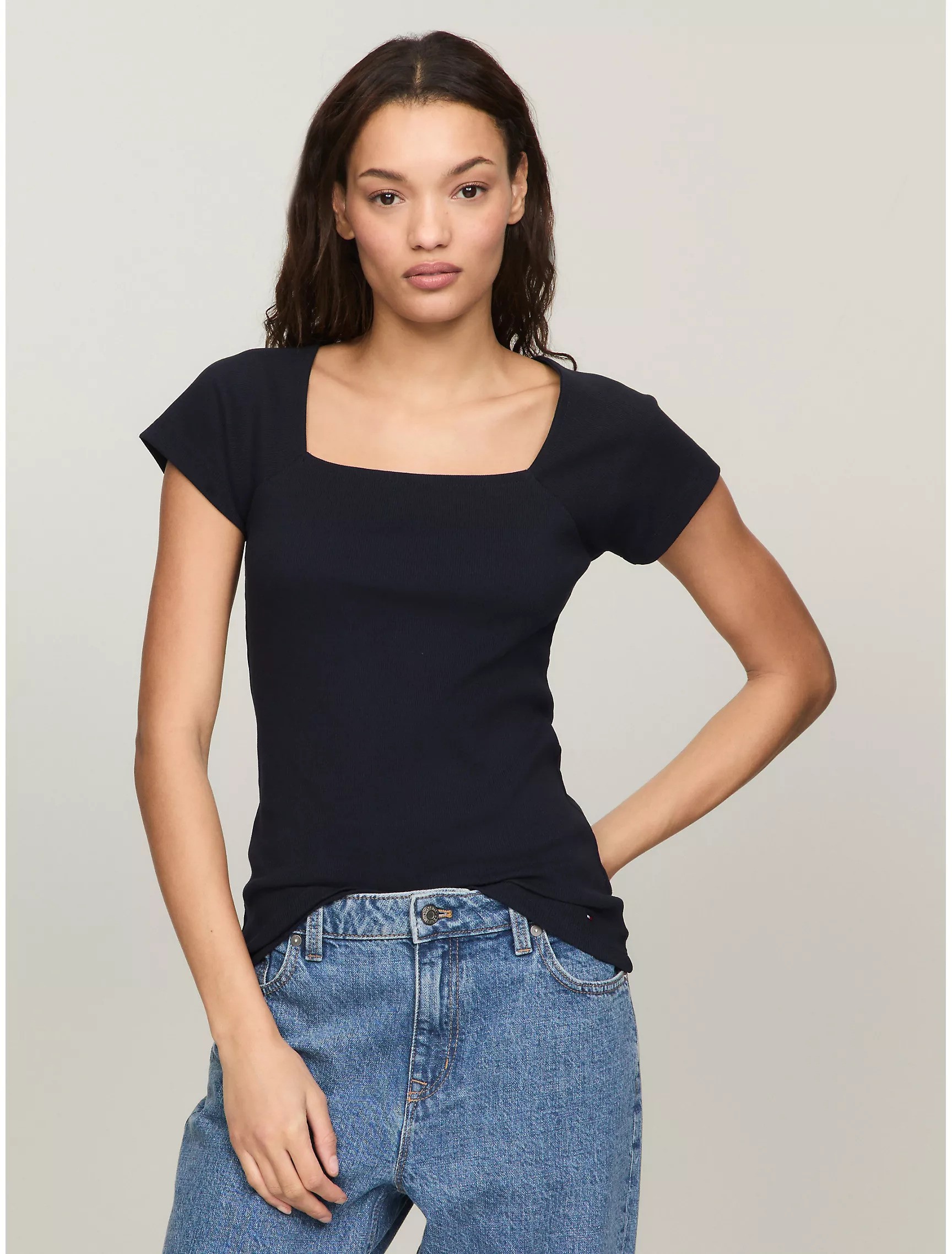 RAGLAN SLEEVE SQUARE-NECK KNIT TOP