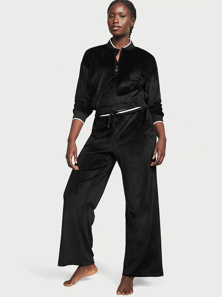 Velour Ribbed Bomber Jacket & Velour Ribbed High-Rise Wide Leg Pants